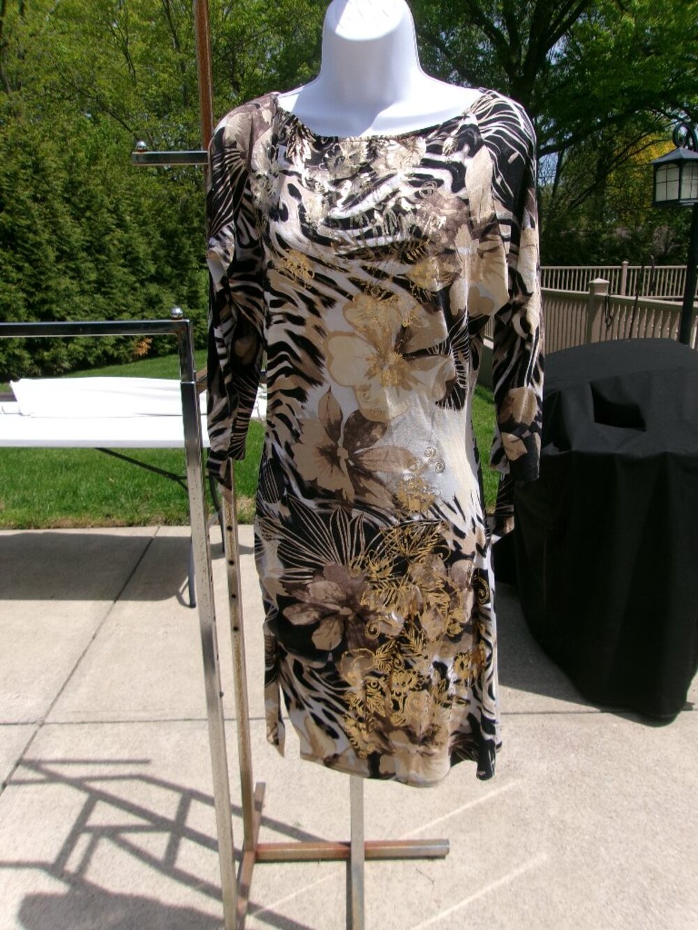 CACHE BEIGE&GOLD FLORAL PRINT KNIT DRESS M